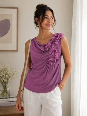 Anne Klein Purple Floral Applique Sleeveless Top
